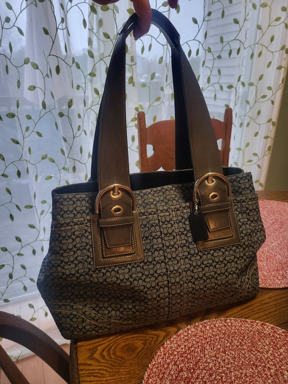 Vintage 2003 Coach Signature Tote – Blue Leather Trim & Silver Hardware 16x11x4